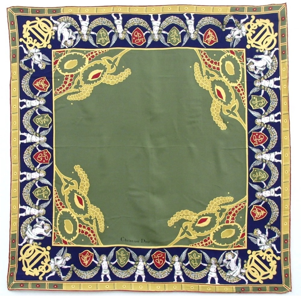 ❌ sold DIOR Vintage Green Silk Scarf with Gold Accents❌